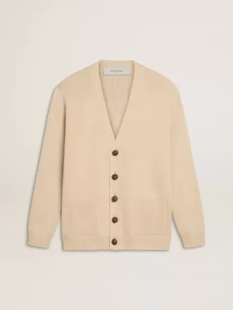 Beige cardigan til mænd med ‘Golden’-skrift på ryggen
