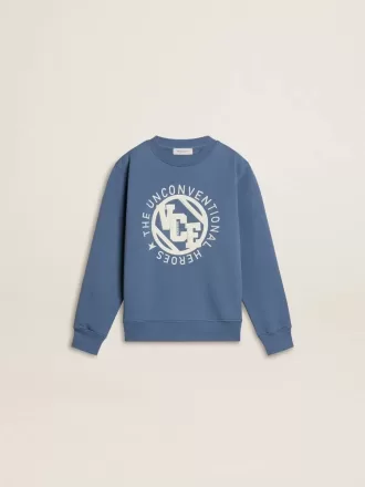 Blå sweatshirt til børn med hvide prægede patches