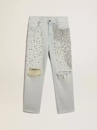Blegede jeans til kvinder med cabochon-krystaller