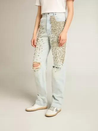 Blegede jeans til kvinder med cabochon-krystaller