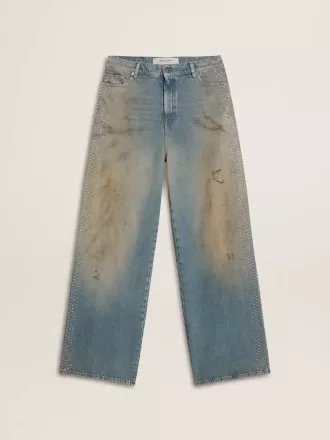 Boyfriend-jeans til kvinder med slidt look, sandvask og nitter