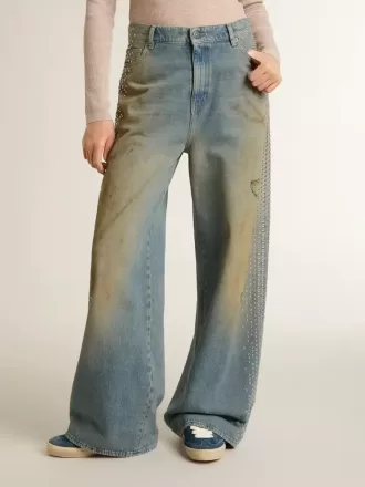 Boyfriend-jeans til kvinder med slidt look, sandvask og nitter