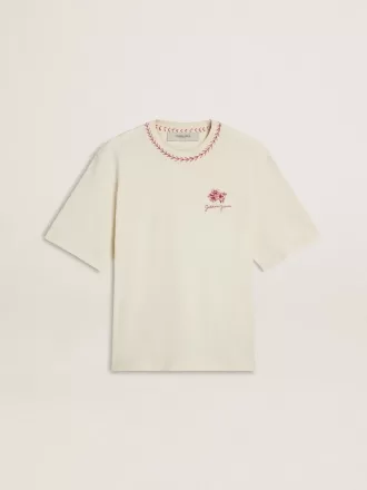 CNY slidt hvid ærmeløs T-shirt med rødt broderi