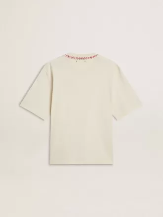 CNY slidt hvid ærmeløs T-shirt med rødt broderi