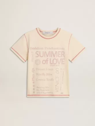 Cremefarvet T-shirt til kvinder med falmede røde detaljer