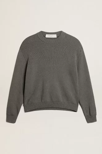 Dame-sweater med rund hals i mørkegrå bomuld med logo på ryggen