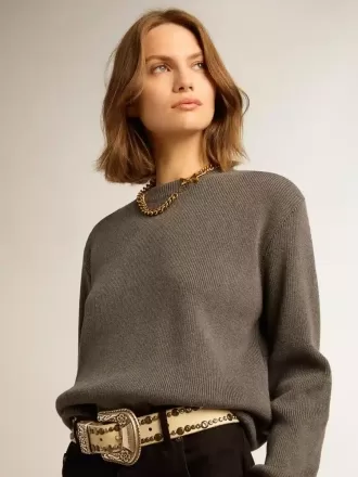 Dame-sweater med rund hals i mørkegrå bomuld med logo på ryggen