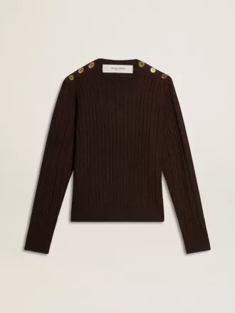 Dame-sweater med rund hals i uldblanding med guldknapper