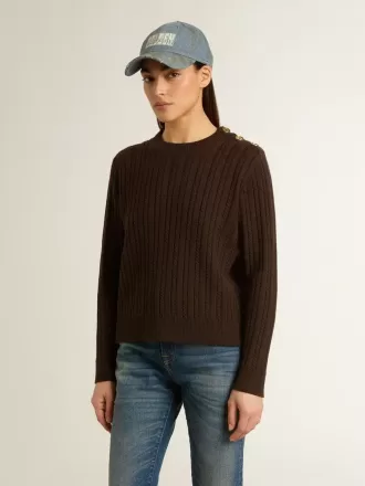 Dame-sweater med rund hals i uldblanding med guldknapper