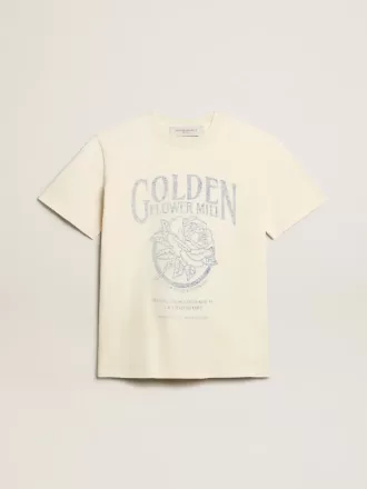 Dame-T-shirt i ældet hvid bomuld med sæsonbetonet print