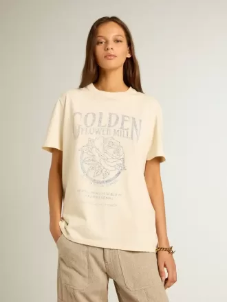 Dame-T-shirt i ældet hvid bomuld med sæsonbetonet print