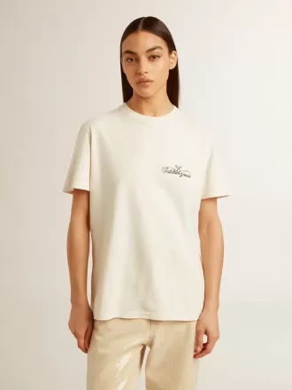 Dame-T-shirt i antik hvid med logo på brystet