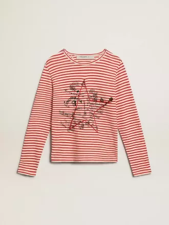 Dame-T-shirt med hvide og røde striber og broderi på forsiden