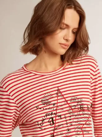 Dame-T-shirt med hvide og røde striber og broderi på forsiden