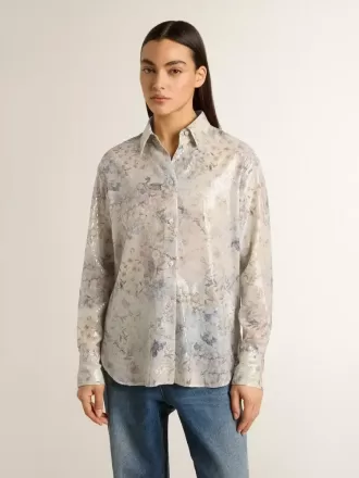 Damebluse med flerfarvet blomsterprint med pailletter