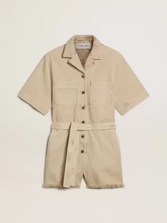 Dameroverdel i beige denim med bælte og flosset kant