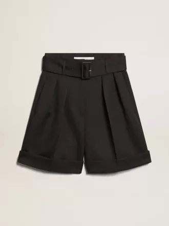 Damershorts i sort uldgabardine med taljebælte