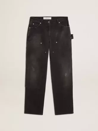 Distressed sorte bomuldsjeans til kvinder med patches foran