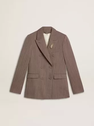 Dobbeltradet blazer til kvinder i beige chevron-uldblanding