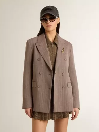 Dobbeltradet blazer til kvinder i beige chevron-uldblanding