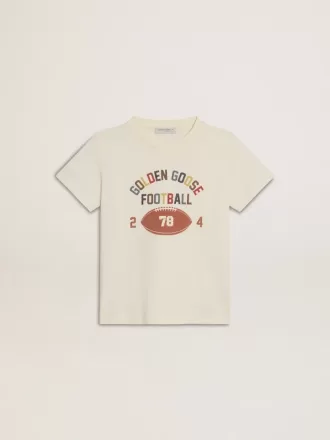 Drenget-shirt i slidt hvid med flerfarvet skrift