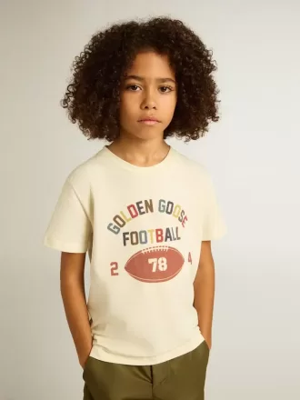 Drenget-shirt i slidt hvid med flerfarvet skrift
