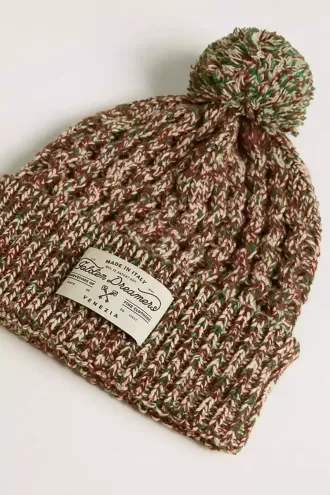 Flerfarvet uldbeanie med pompon
