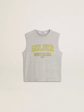 Grå ærmeløs T-shirt til kvinder med gult print