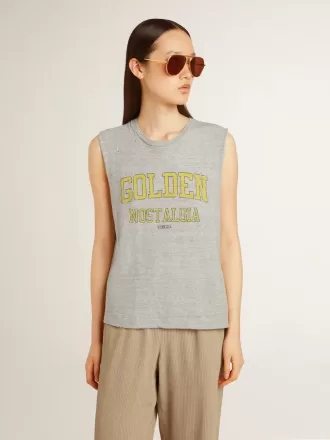 Grå ærmeløs T-shirt til kvinder med gult print