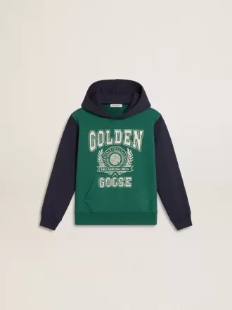 Grøn og blå sweatshirt med hætte og print til drenge