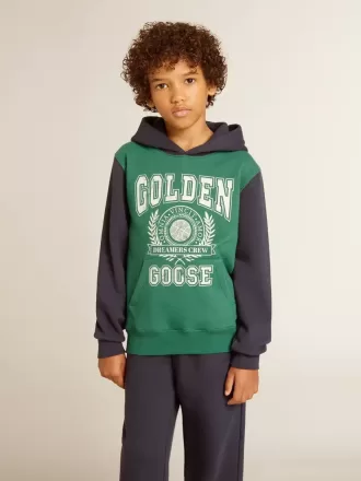 Grøn og blå sweatshirt med hætte og print til drenge