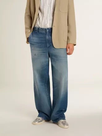 Herre-chino i denim med distressed detaljer