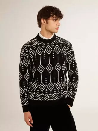 Herre-sweater i uldblanding med rund hals og jacquard-argyle-mønster