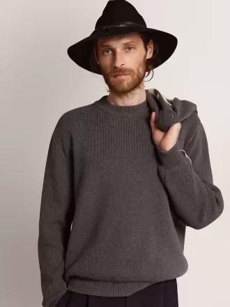 Herre-sweater med rund hals i mørkegrå bomuld med logo på ryggen