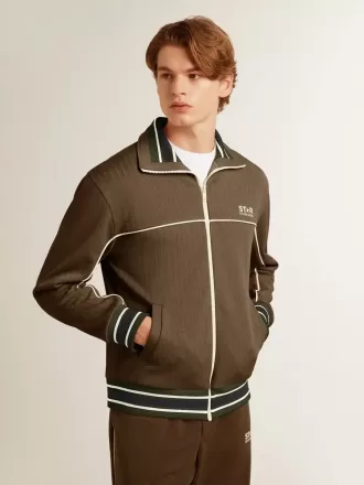 Herre-sweatshirt i militærgrøn med lynlås og hvidt logo