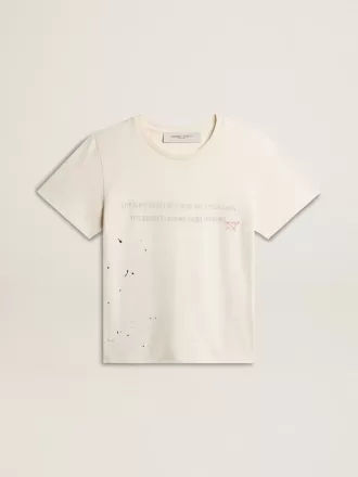Herre-T-shirt i ældet hvid bomuld med print og broderi