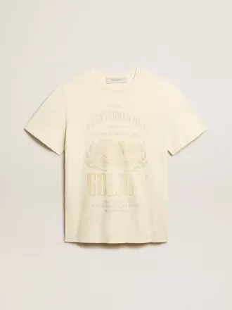 Herre-T-shirt i ældet hvid bomuld med print på fronten
