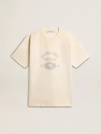 Herre-T-shirt i bomuld i vintage hvid med rå kant foran