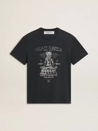 Herre-T-shirt i slidt sort bomuld med print på forsiden