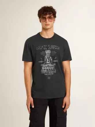 Herre-T-shirt i slidt sort bomuld med print på forsiden