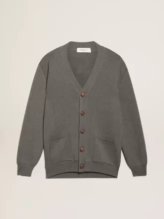 Herrecardigan i meleret grå bomuld med logo på ryggen