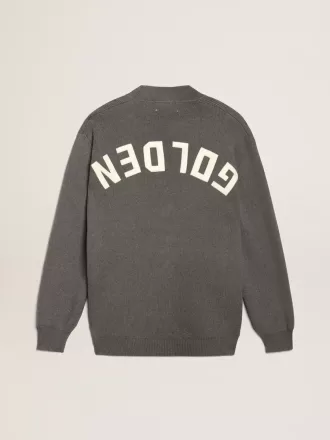 Herrecardigan i meleret grå bomuld med logo på ryggen