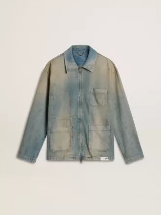 Herrejakke i denim med distressed-effekt og lynlås