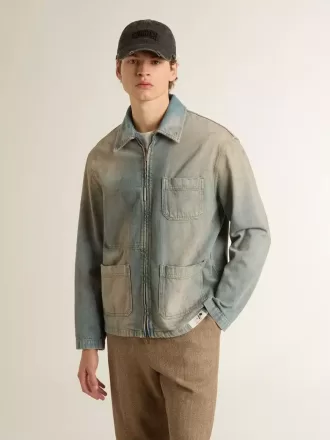 Herrejakke i denim med distressed-effekt og lynlås