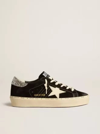 Hi Star til kvinder i sort læder med sølvglitter på hælen