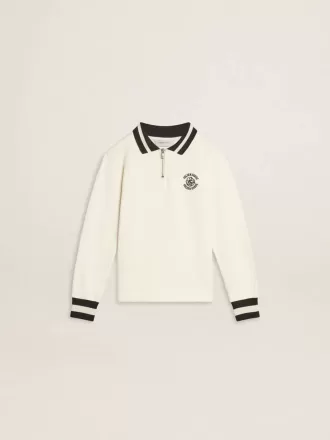Hvid bomulds-polo-sweatshirt til børn med broderi på brystet og print på ryggen Hvid bomulds-polo-sweatshirt til børn med broderi på brystet og print på ryggen