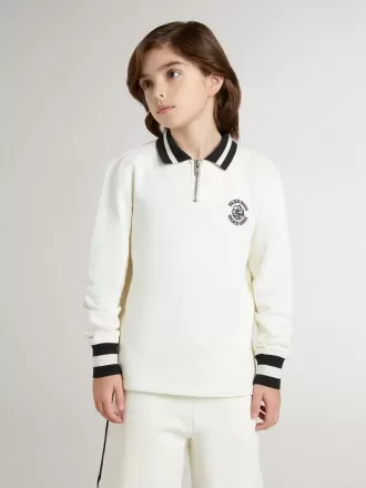 Hvid bomulds-polo-sweatshirt til børn med broderi på brystet og print på ryggen Hvid bomulds-polo-sweatshirt til børn med broderi på brystet og print på ryggen