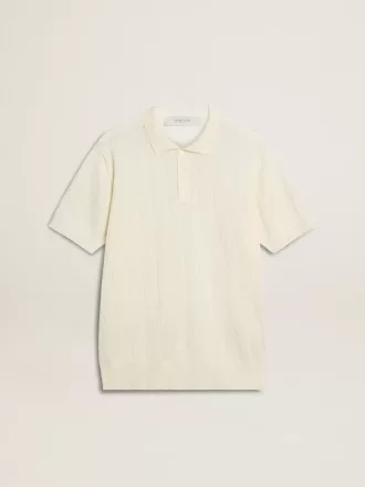 Hvid jacquardstrikket poloshirt til mænd