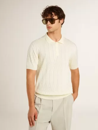 Hvid jacquardstrikket poloshirt til mænd