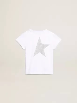 Hvid og sølvfarvet T-shirt med logo og maxi-stjerne i sølvglitter